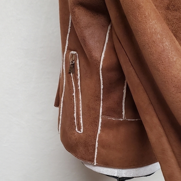 VINTAGE 90s Toffee Faux Suede Faux Fur Zip-Sleeve Full-zip Fleece Lined Jacket - Picture 9 of 13